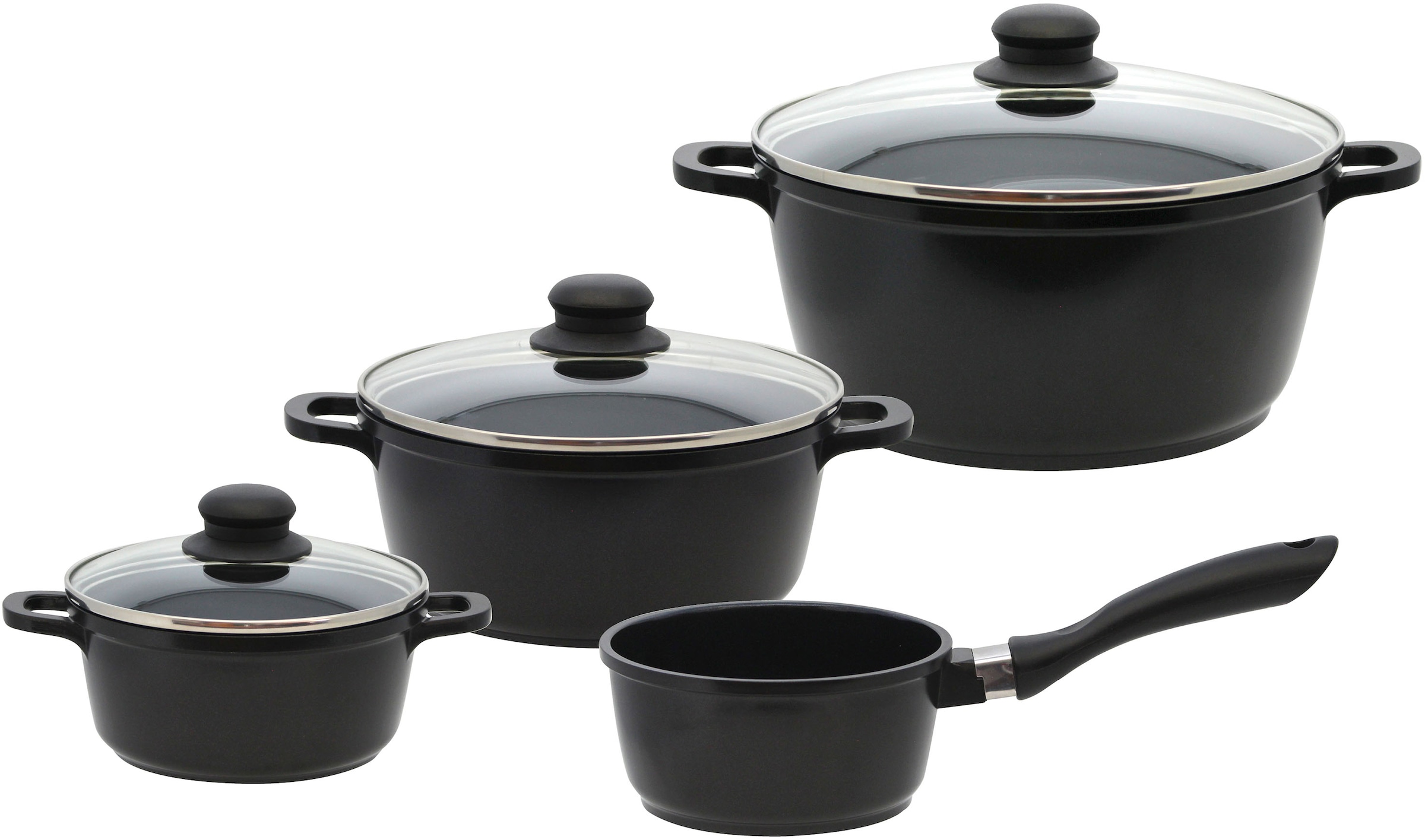 Elo Basic Topf-Set »Black Cast« Set, 3 Töpfe mit Deckel, 1 Stielkasserolle, 7 Stk. tlg. Aluminiumguss