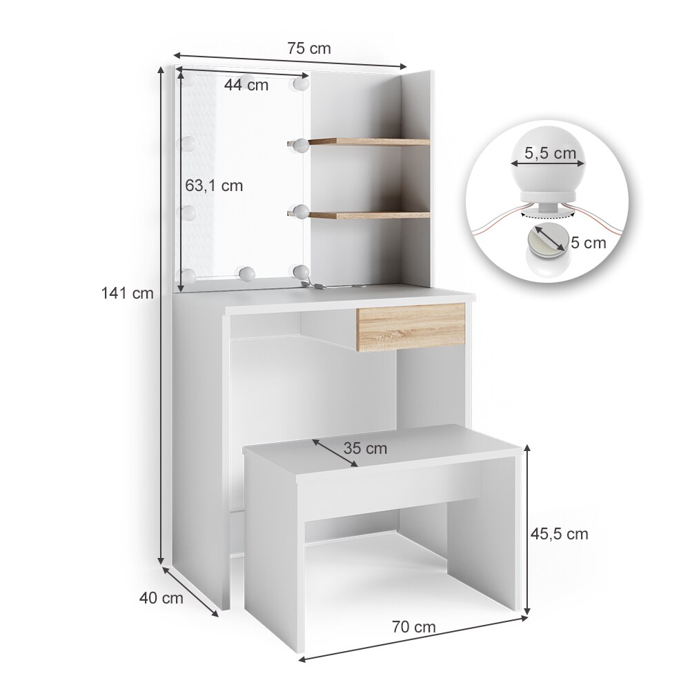 VICCO LED Schminktisch DEKOS Frisiertisch Kommode Kosmetiktisch Weiß Eiche Bank