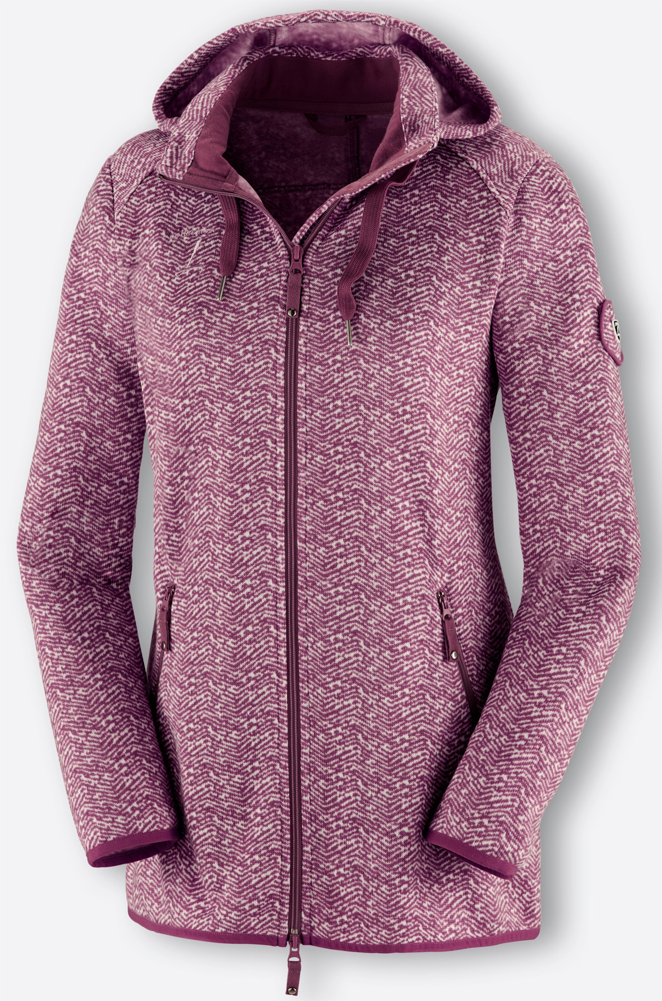 Kapuzenfleecejacke in bordeaux-weiß-gemustert