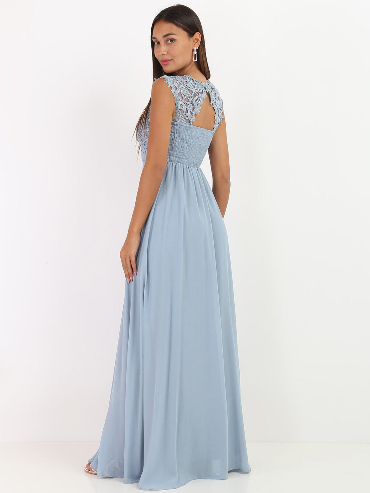 Robe longue à dentelle- Bleu givré