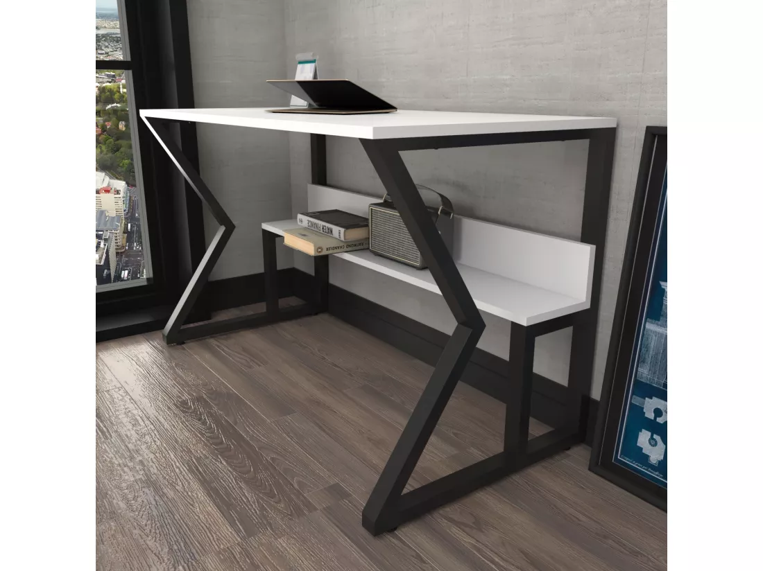Bureau avec le cadre en métal et étagère secrète (Noir et blanc)