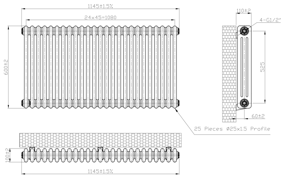 Eastbrook Imperia 3 koloms radiator 115x60cm 2362W metaal