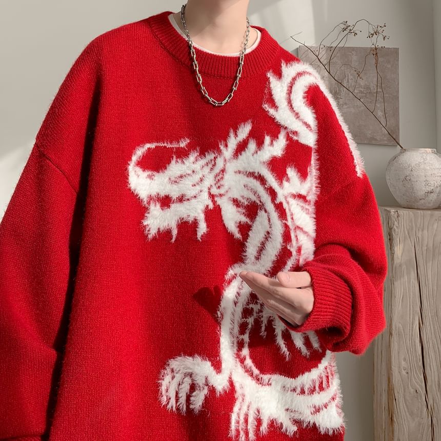 Breeson - Oversized trui met ronde hals en drakenprint