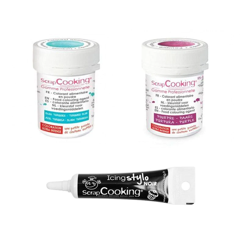 2 colorants alimentaires turquoise-pourpre + Stylo glaçage noir Scrapc
