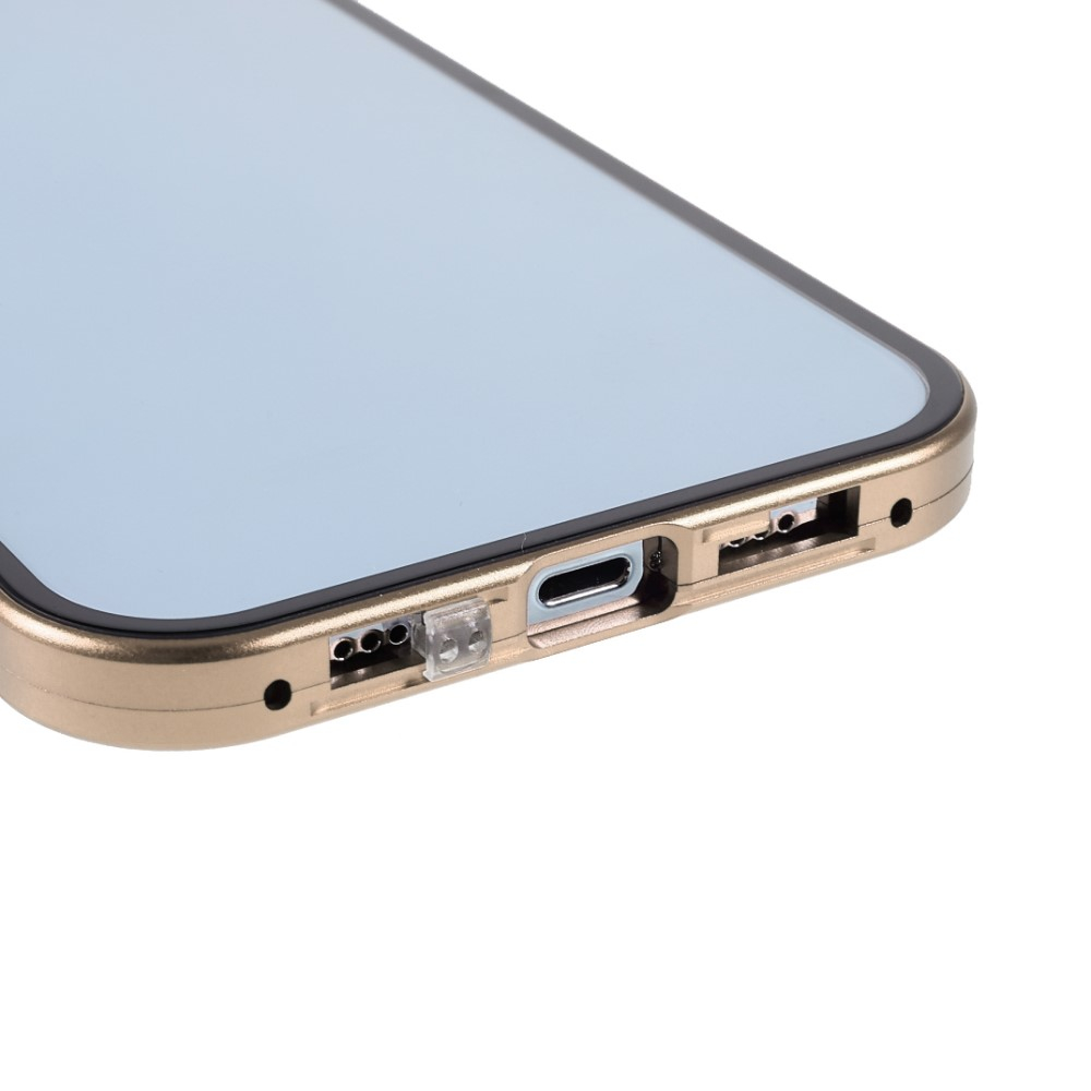 iPhone 13 Pro Magnetische Alu Schutzhülle mit Panzer Glas Backcover   Privacy Glas Displayschutz (Magnet-Technologie) - Gold