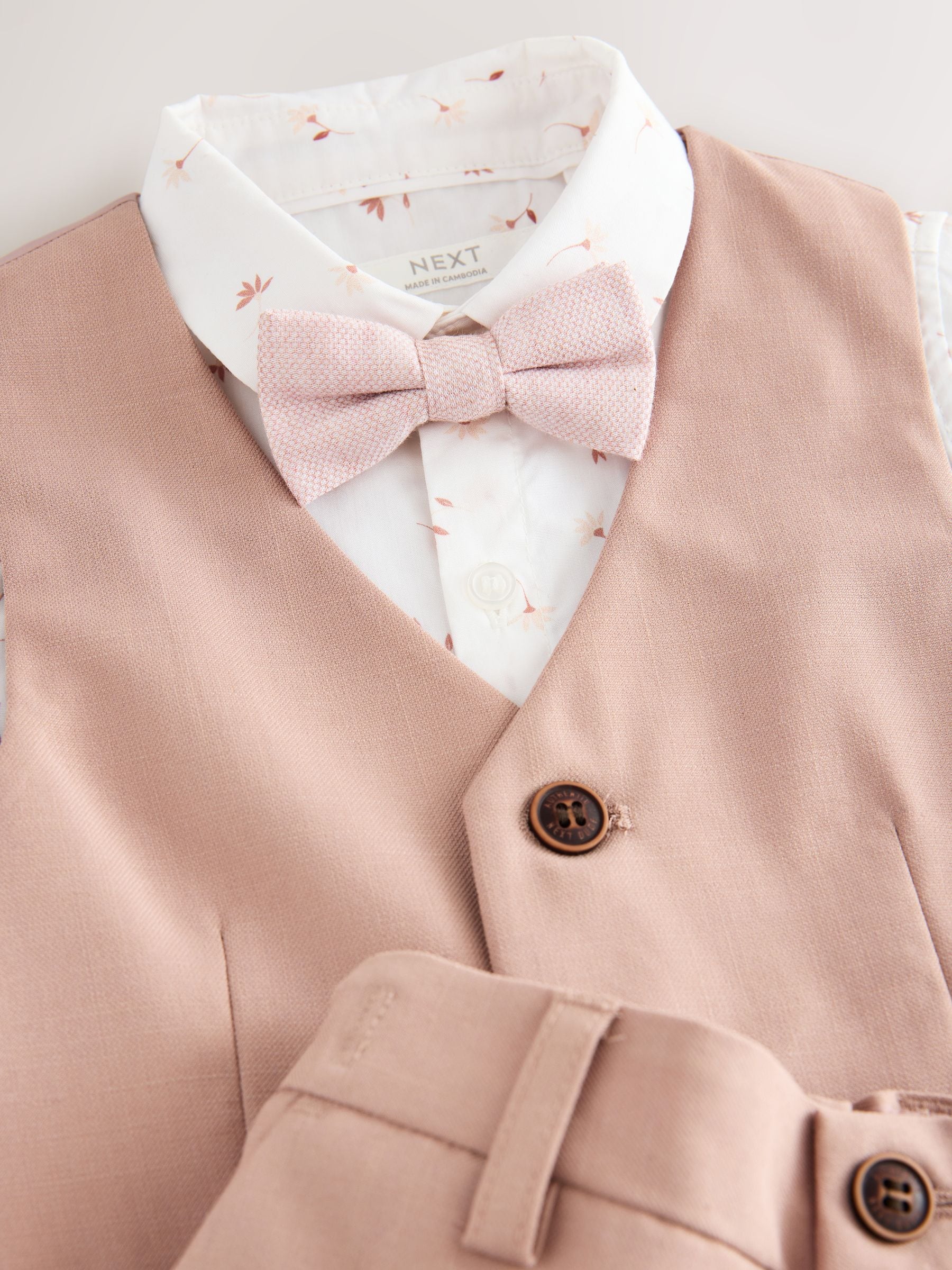 Roze bloemen - Set van gilet, overhemd, shorts en vlinderdas (3 mnd - 9 jr)