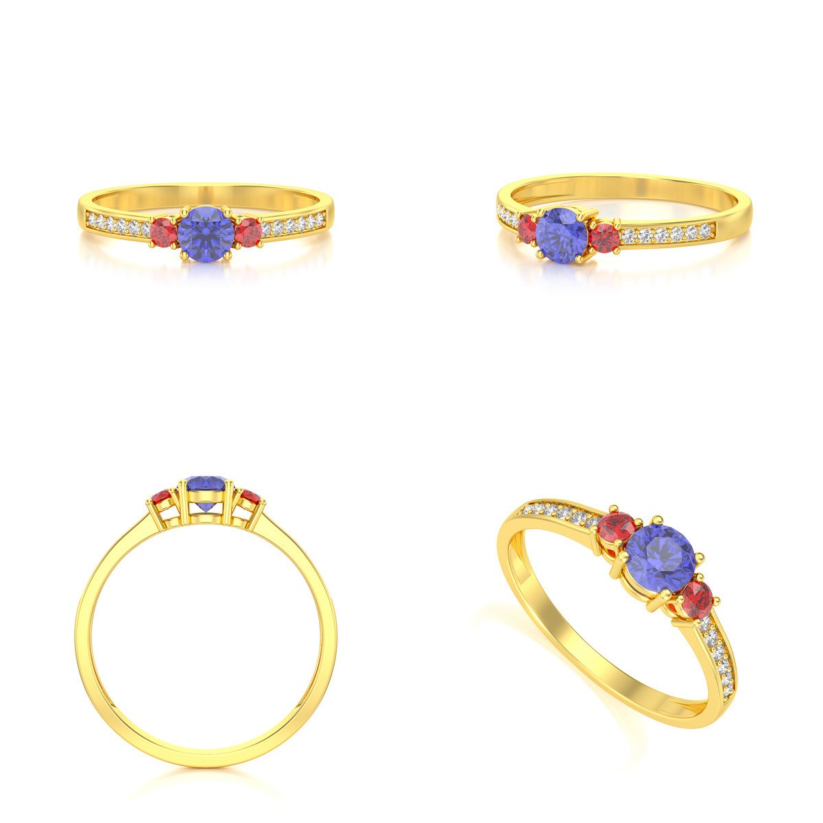 Bague ADEN Or 585 Jaune Tanzanite Rubis et diamants 1.65grs
