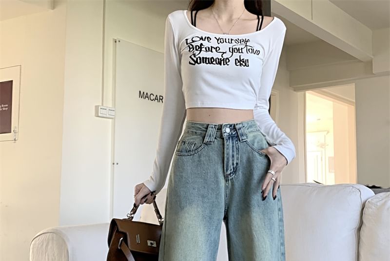 Duwnie - Cropped jeans met hoge taille en wijde pijpen