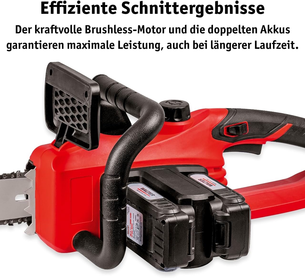 WALTER Li-Ion Akku-Kettensäge 40 V brushless, Kettengeschwindigkeit 13 m/s, Schnittlänge 350 mm, kraftvolle Leistung, leichte Handhabung, ca. 30 min Laufzeit, inkl. Schwert, Sägekette und 2 Akkus