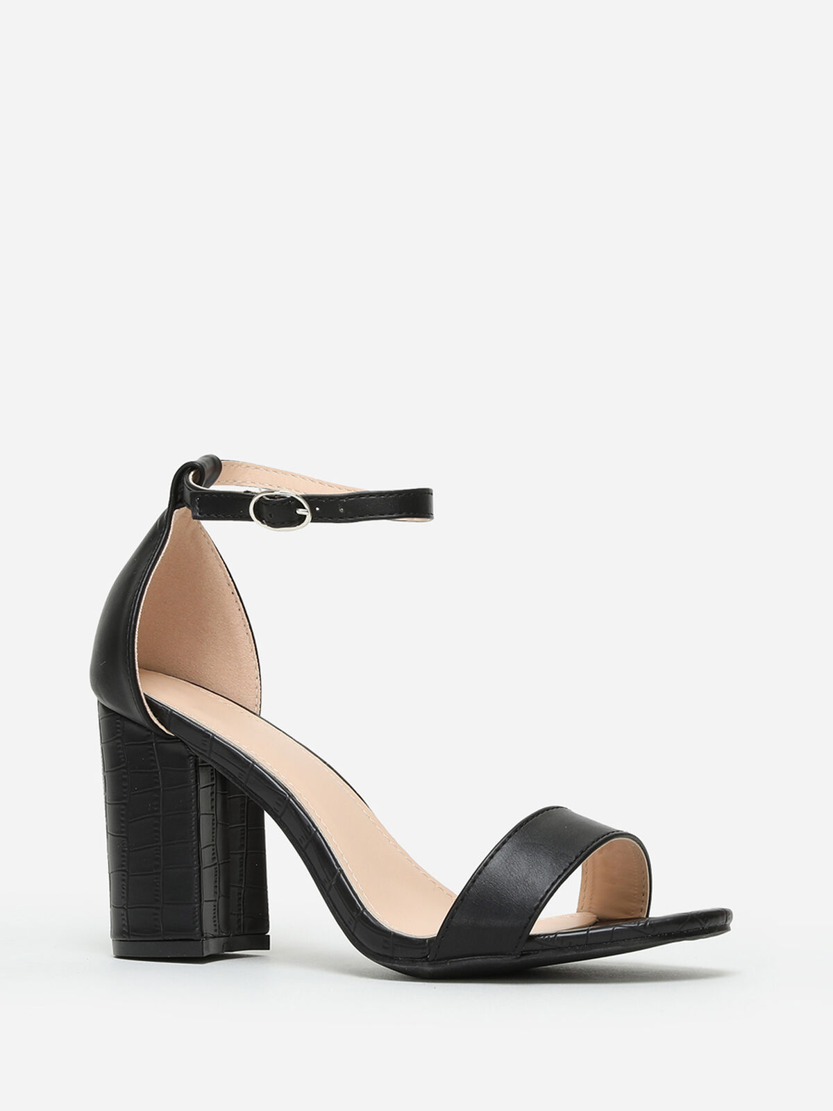 Sandales bi-matières à talon carré- Noir