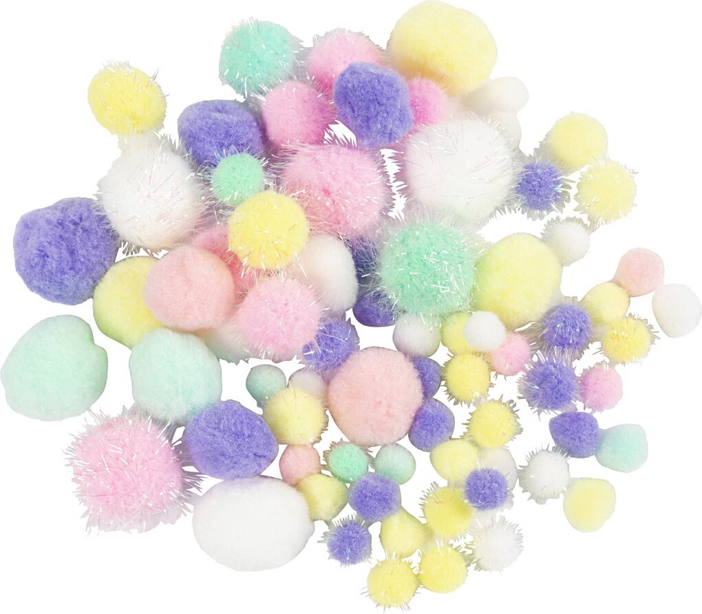 Pomponer - Ø 15-40 MM - Glitter - Pastelfarver - 62 G