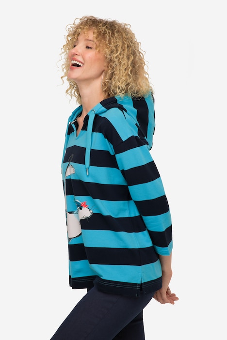 Hoodie, Ringel, Robben-Print, Kapuze, 3/4-Ärmel, OEKO-TEX