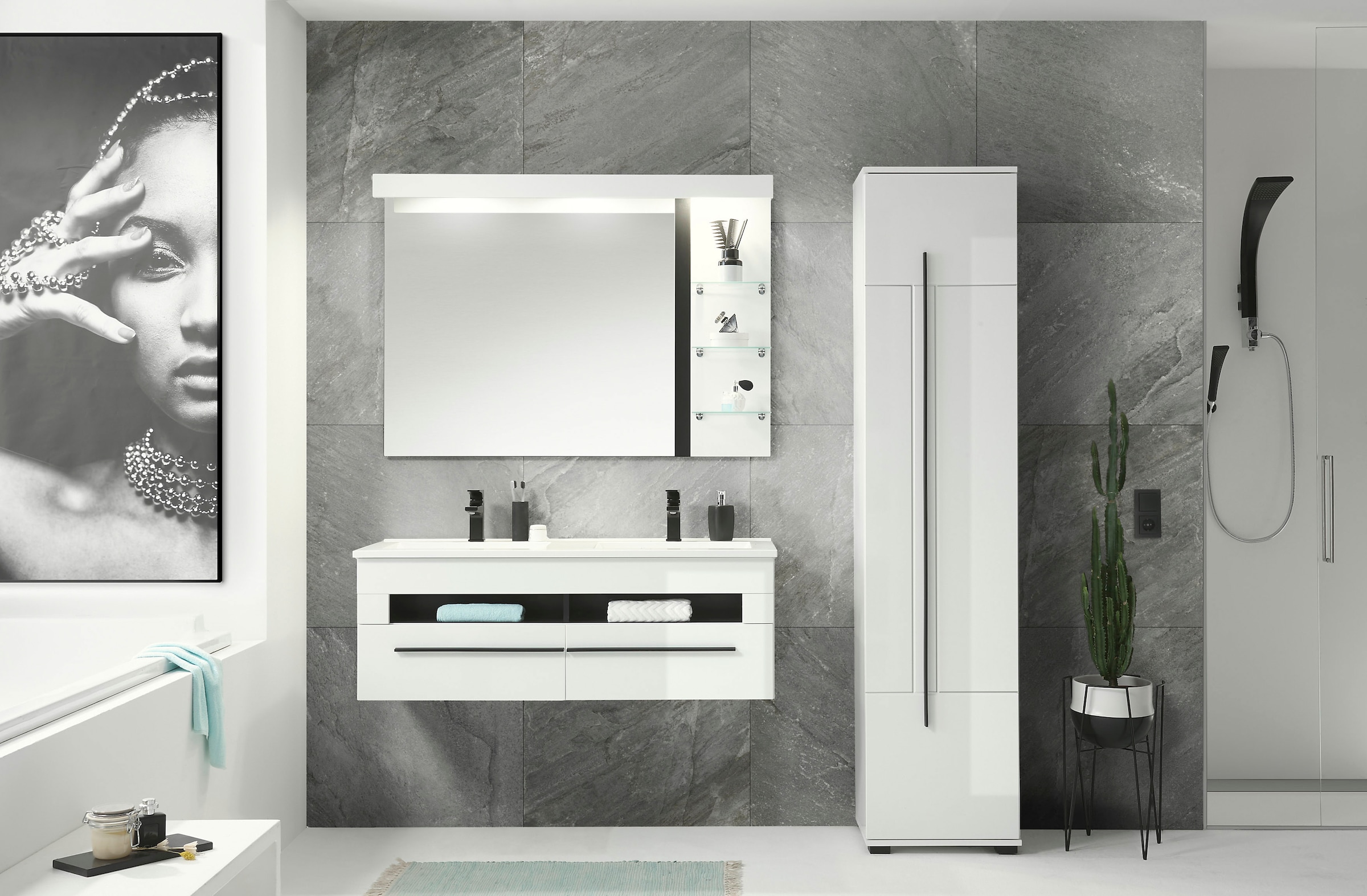 INOSIGN Waschtisch »Cantara, Waschtisch inkl. Waschbecken, modernes Design« mit schwarzen Griffen, ausreichend Stauraum