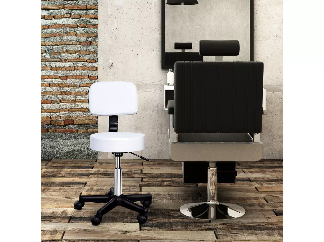 Tabouret massage à roulettes réglable en hauteur pivotant avec dossier ergonomique blanc