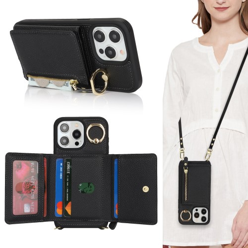 iPhone 14 Pro Necklace Leder Hülle mit Münzfach und Kartenfächer   Finger Griff Halterung   Handykette - Schwarz