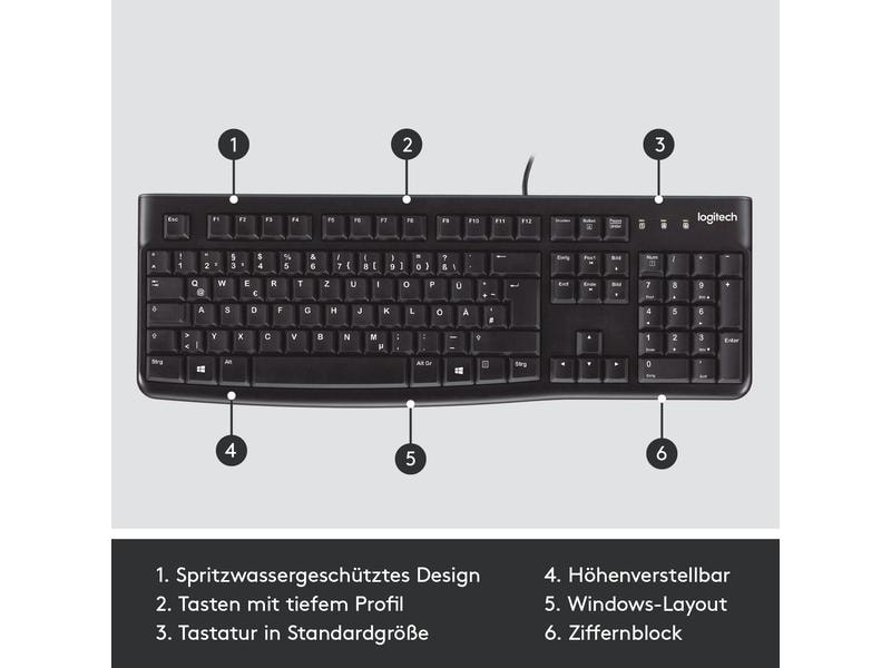 Logitech Tastatur K120 CH-Layout, kabelgebunden Spritzwassergeschützte Tastatur in voller Grösse die Komfort und Design vereint