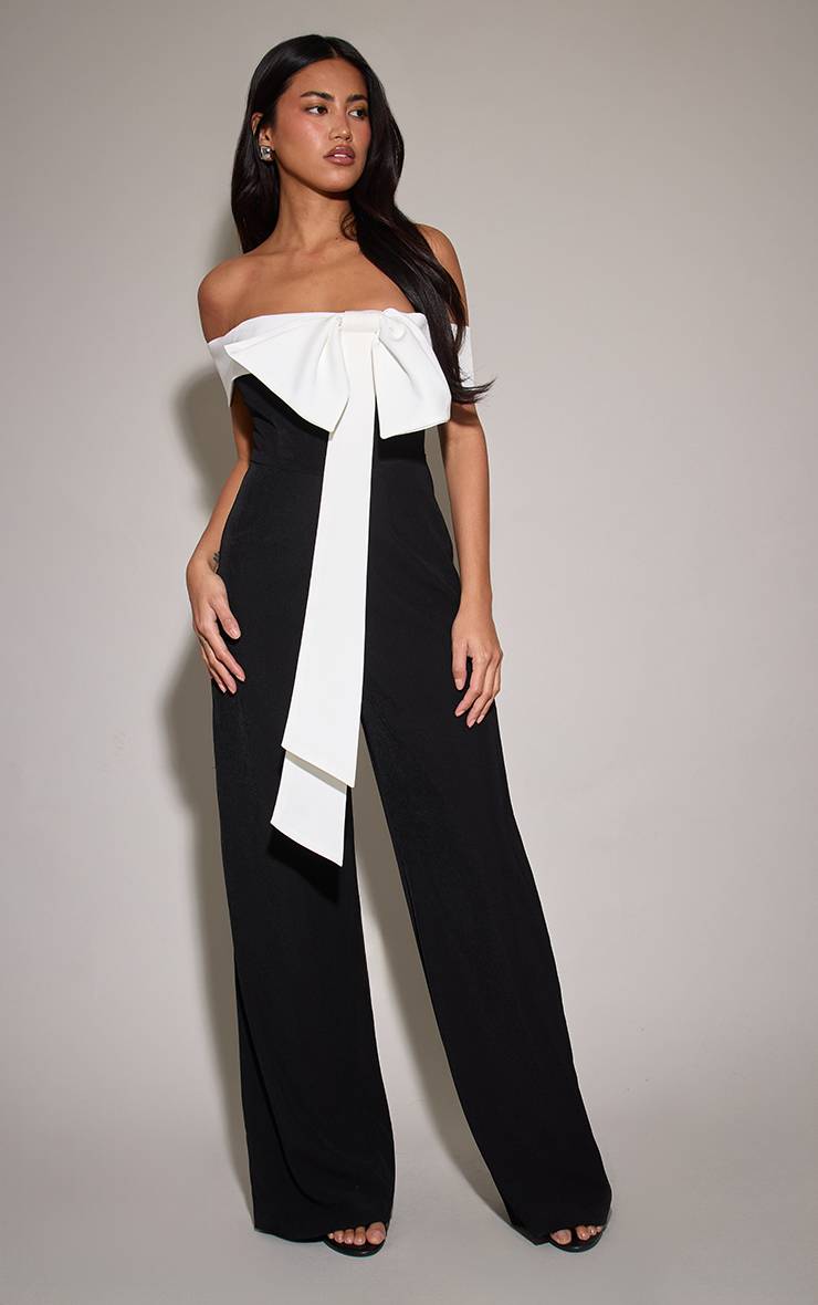 Noir Combinaison-pantalon Large Tissée Avec Nœud Contrasté