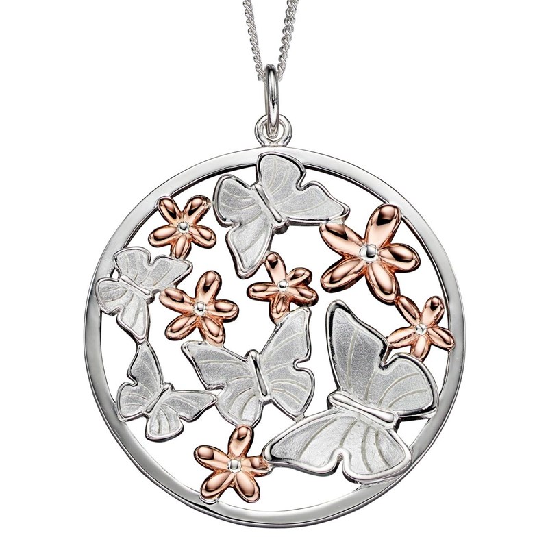 Collier papillons et fleurs plaqué or rose en argent 925/1000