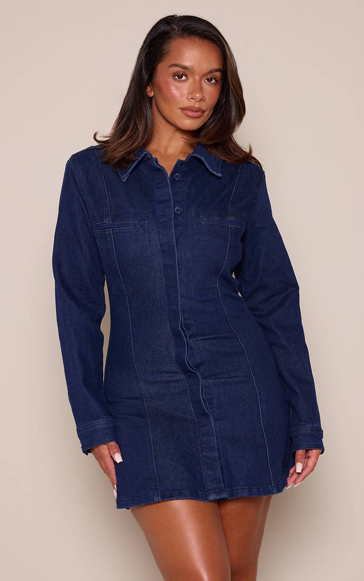 Bleu Indigo Robe Mini Évasée En Denim Stretch Shape