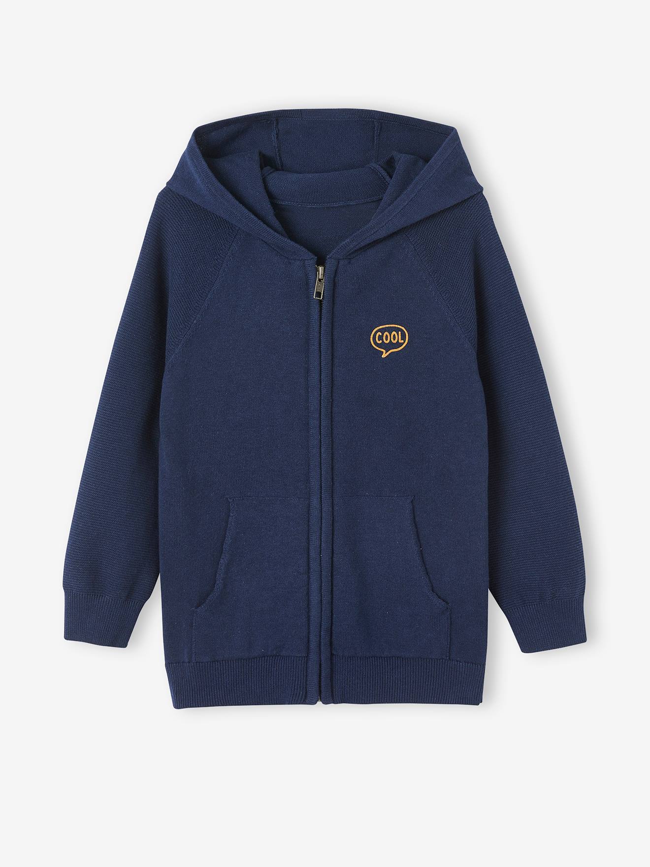 Cardigã com capuz e bojo, para meninos, azul liso com estampas.