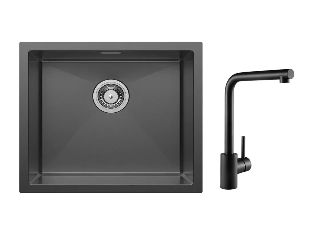 CECIPA MAX Évier de Cuisine 1 Bac Évier Inox 50*44CM Noir Anthracite + Mitigeur de Evier Noir Rrotatif à 360 °