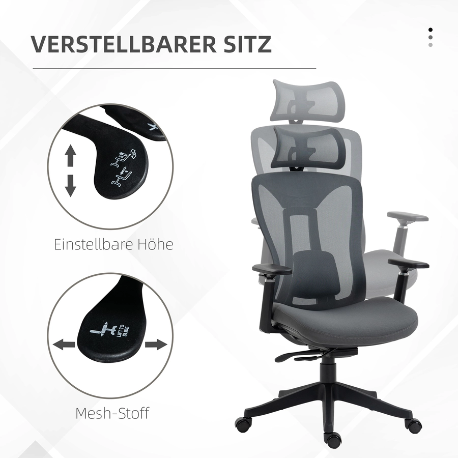 Vinsetto Bürostuhl mit verstellbarer Kopfstütze grau