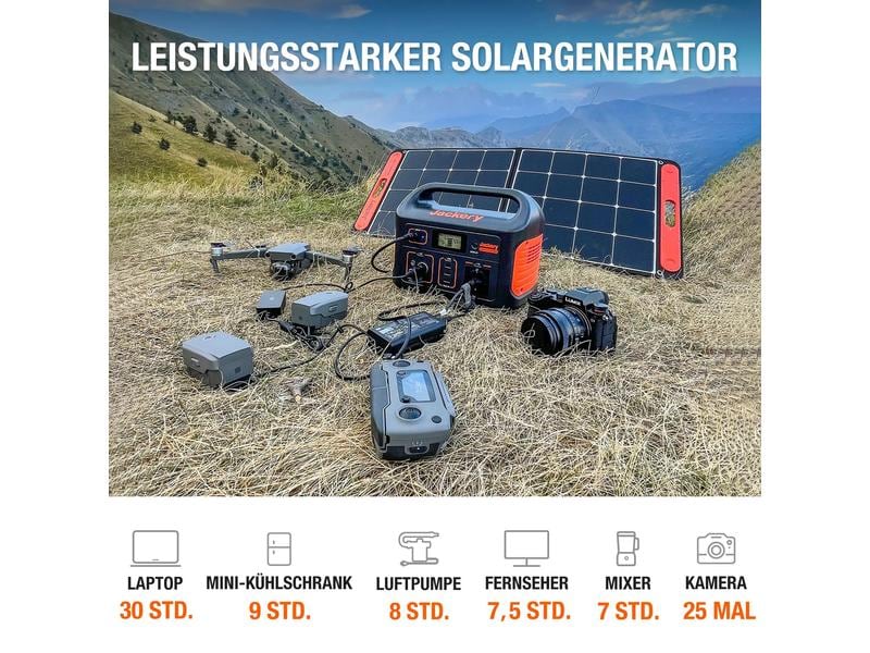 Jackery Power Station Kit Explorer 500   SolarSaga 100 W, 5 Mobiler Stromspeicher und Stromgenerator mit 230 V Schuko Steckdose inkl. einem Solarpanel, Solar Generator