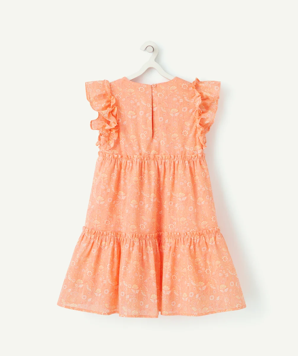 ROBE ROSE À VOLANTS FILLE IMPRIMÉ FLEURI ET LISERÉS COULEUR DORÉE