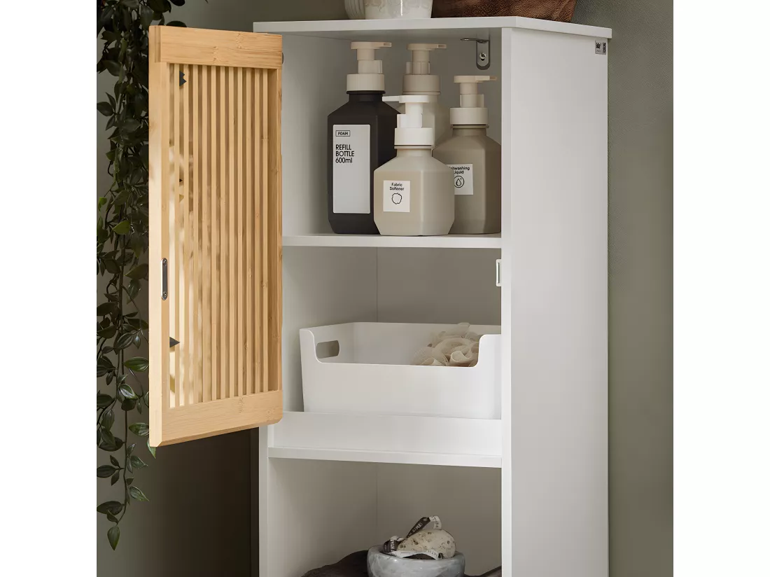 SoBuy Meuble Colonne Armoire de Salle de Bain Étagère Étroite Meuble de Rangement Salle de Bain avec 2 portes, 1 compartiment, Blanc-Naturel, 33 x 33 x 165 cm, BZR127-W