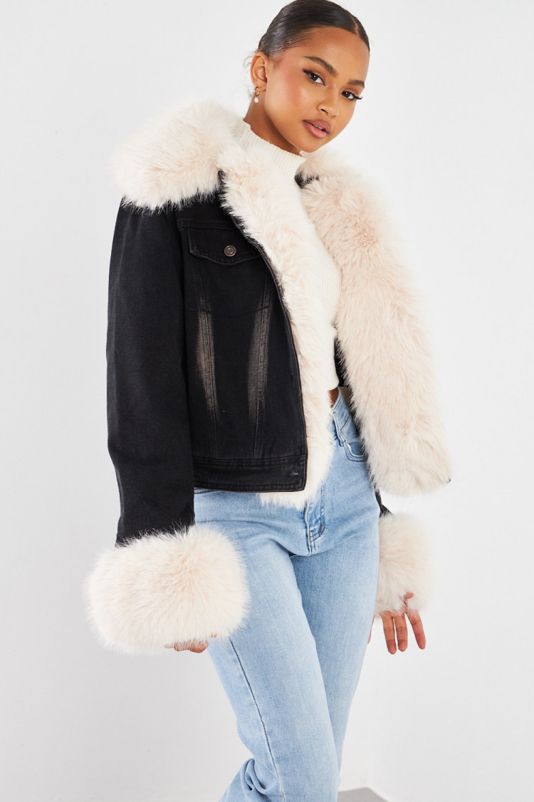 Veste en jean à fourrure noir/beige