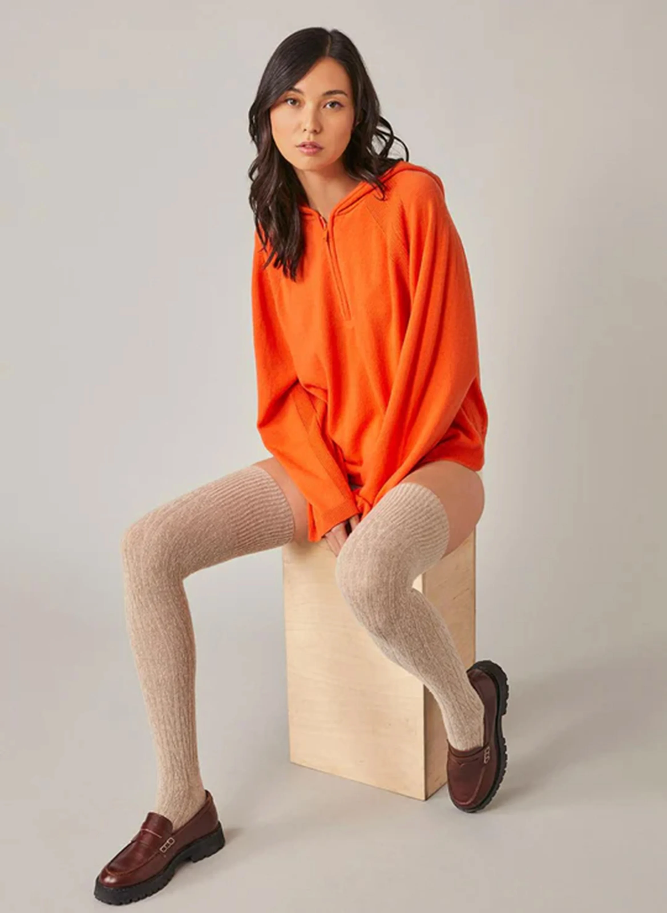 EMILE - Pull à capuche zippé en laine mérinos | Orange