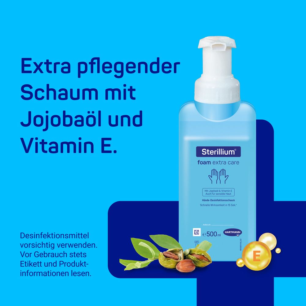 Sterillium foam extra care, der erste pflegende Desinfektionsschaum, der die Hände schon während der Desinfektion pflegt