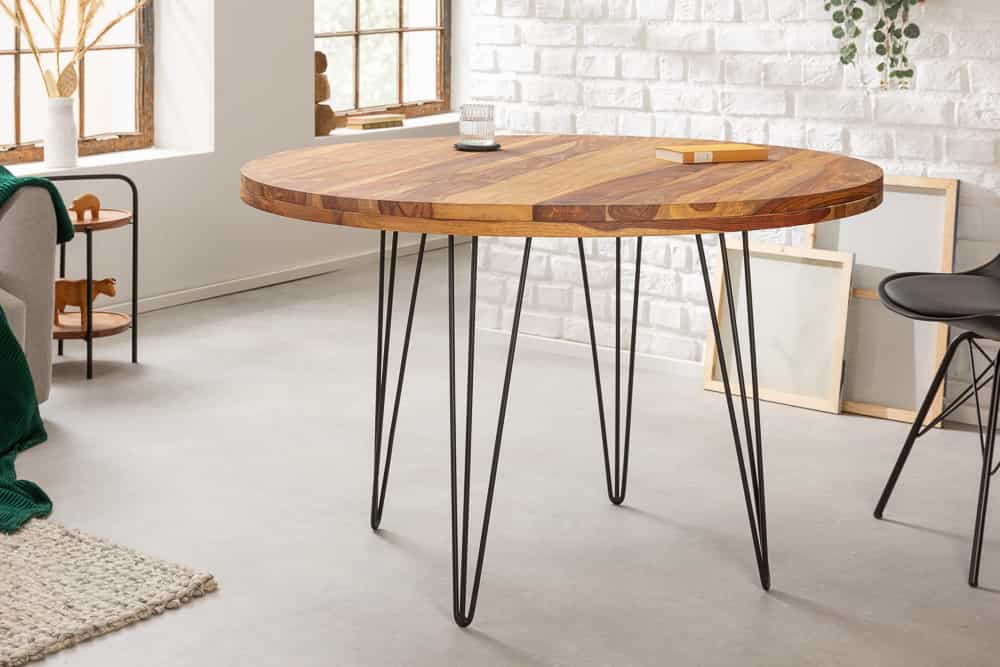 Runder Esstisch MAKASSAR 120cm braun Sheesham Massivholz stone finish Hairpin Legs
