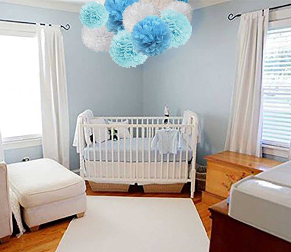 (19-tlg. Set) Happy Birthday Girlande Geburtstags Party Deko   Pompon's / Quasten / Papier Rosetten - Blau / Weiss