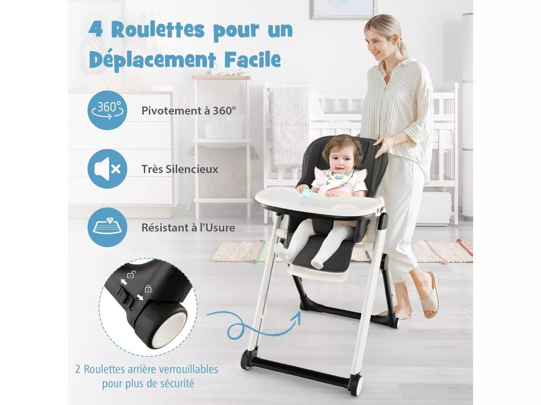 Chaise Haute Bébé Pliable Multifonctionnelle, Chaise d'Alimentation avec Double Plateau Réglable, 7 Hauteurs et 5 Angles d'Inclinaison, Roues Verrouillables, 6-36 Mois, Max 15KG, Gris Foncé