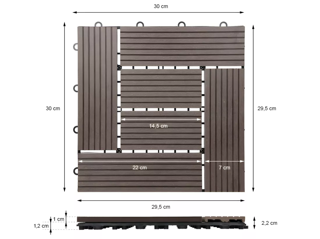 ECD Germany WPC Carreaux de Terrasse 30x30 cm - 22 Pièces par 2m² - avec Aspect Mosaïque - Marron