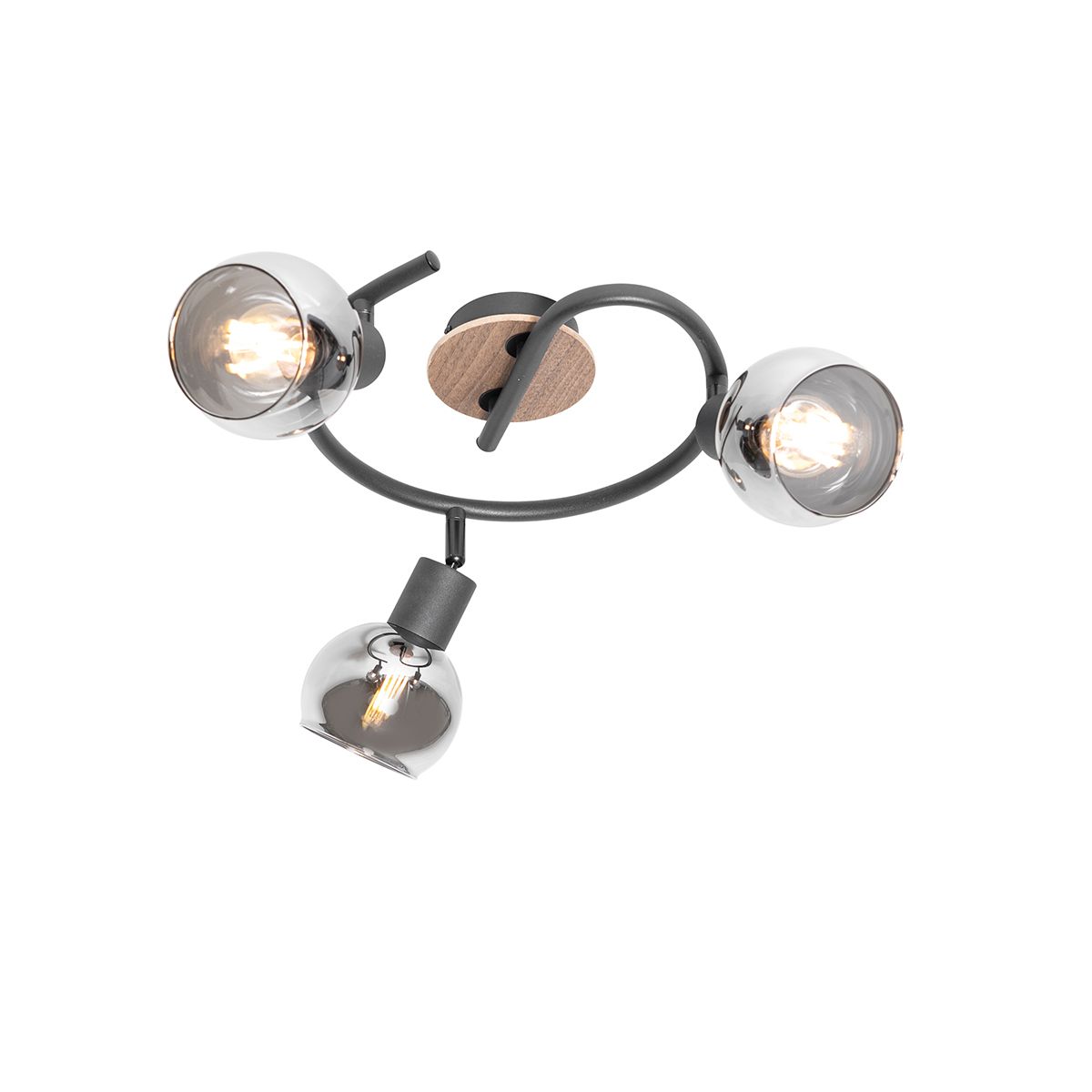 Plafondlamp zwart 44,5 cm met smoke glas en hout 3-lichts - Vidro