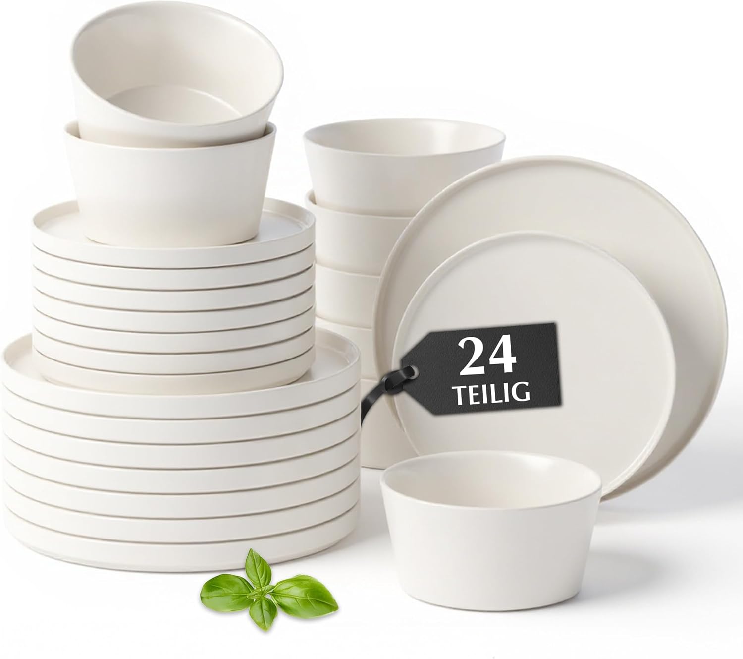 MIAMIO – Geschirrset 8 Personen / 24-teiliges Steingut Modern/Tafelservice – Spülmaschinen- und Mikrowellenfest - Luxe Kollektion (Weiß, Geschirrset (24x))