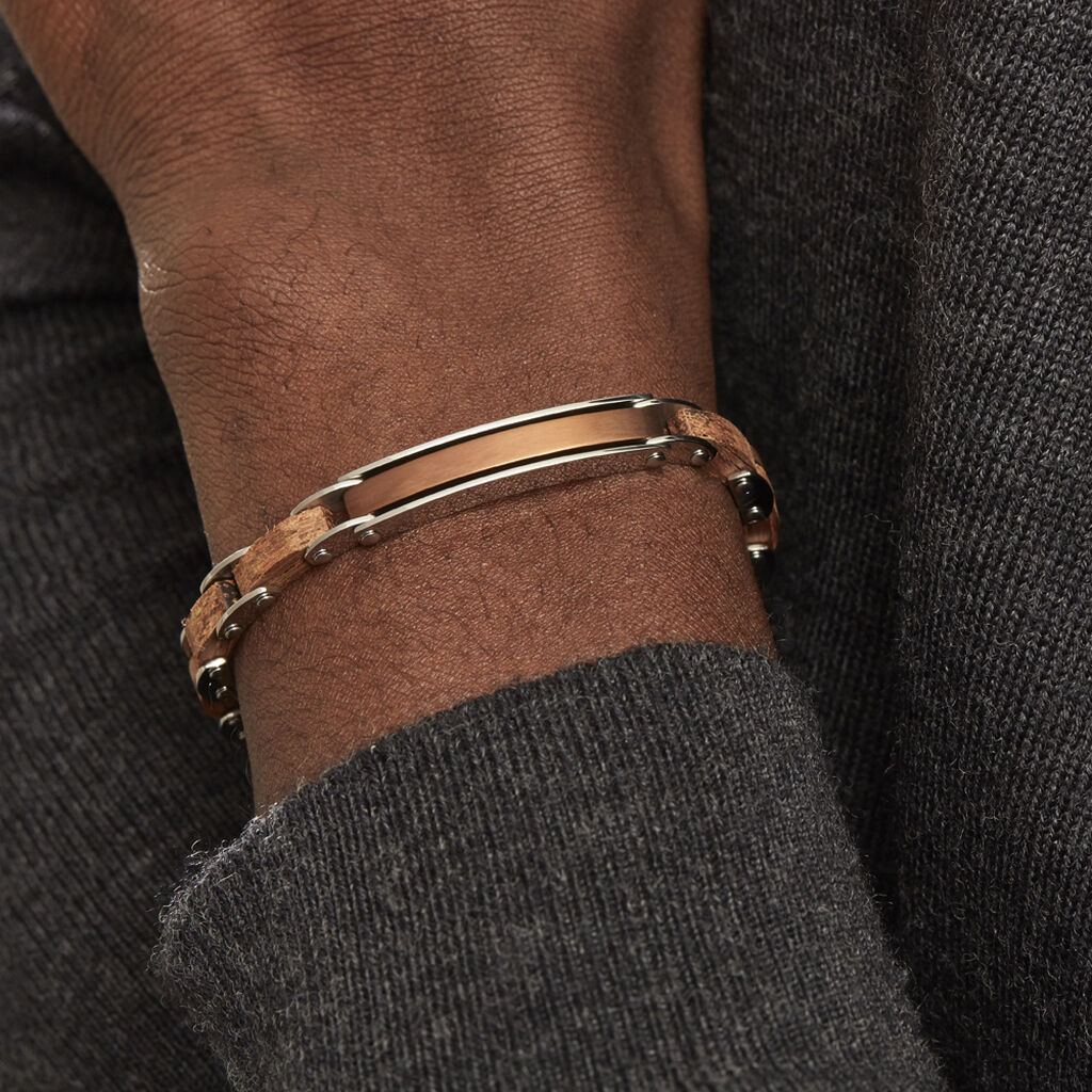 Bracelet Acier Blanc Et Marron Bois Marron Bugios