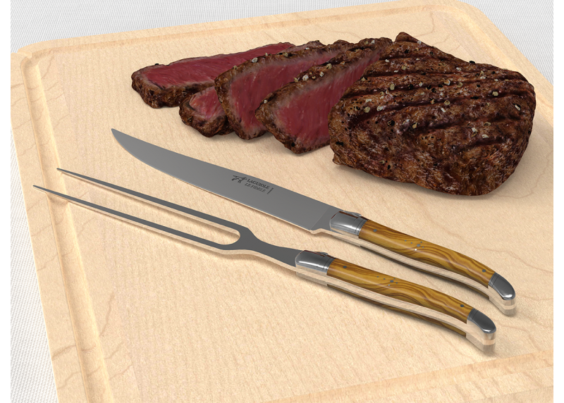 Service à viande Laguiole avec un manche en bois d'olivier et mitres en acier inoxydable