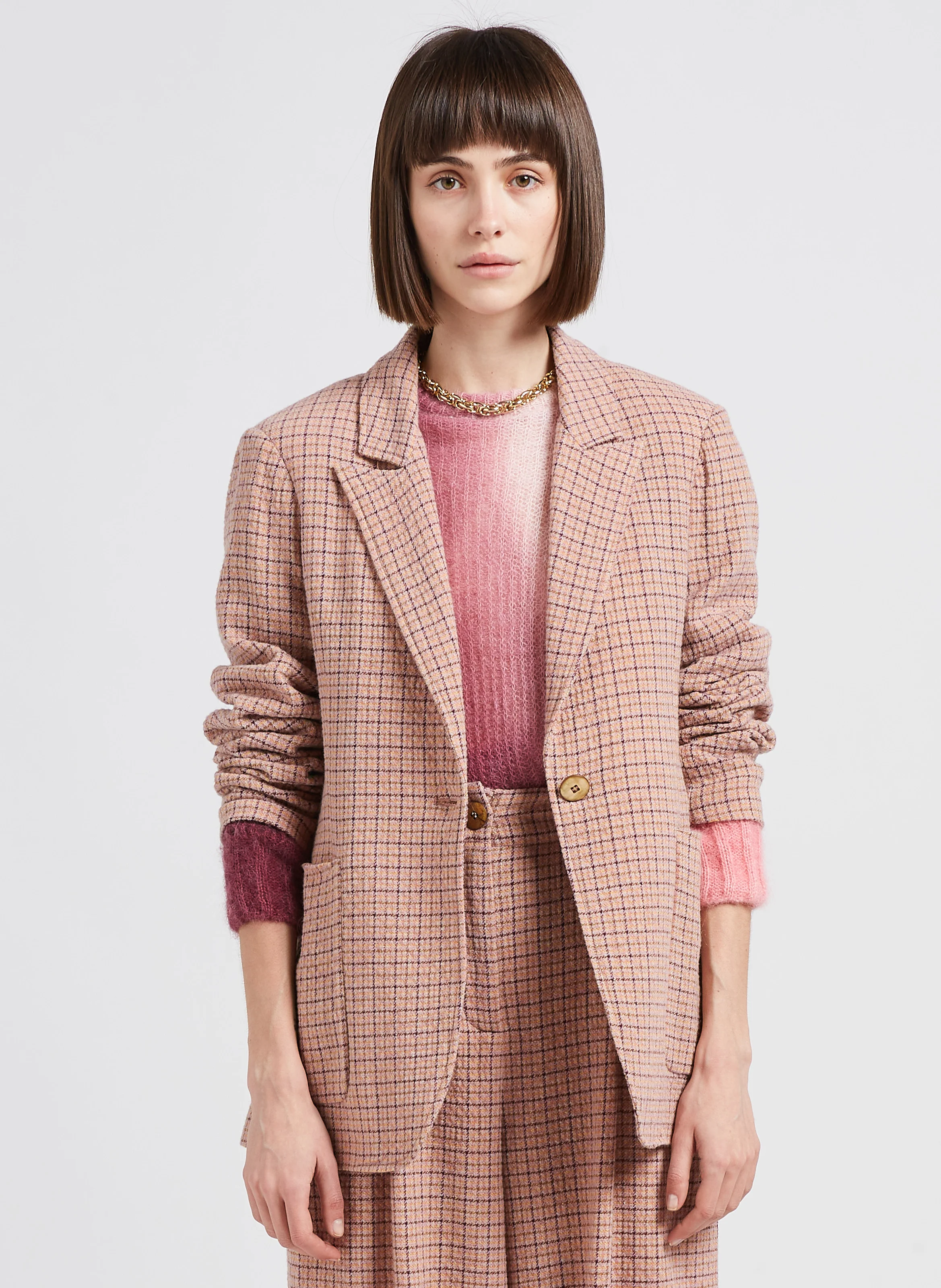 YVES - Veste col tailleur à carreaux en laine mélangée | Rose