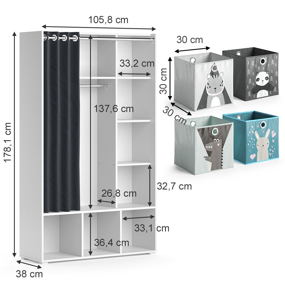 Vicco Kinderkleiderschrank Kinderzimmerschrank Kindergarderobe Luigi Weiß Faltbox 106 x 178 cm modern Schrankregal Jugendzimmerschrank Organizer Vorhang Kleiderstange Fächer Aufbewahrung Spielzeugablage
