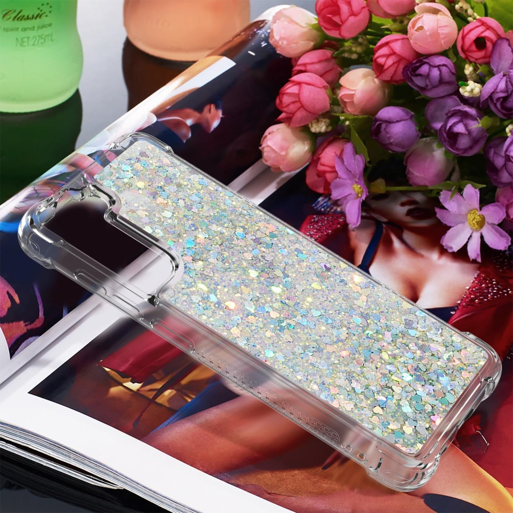 Samsung Galaxy S21 FE 5G Hardcase Hülle mit Air Cushion Fallschutz Liquid Case Glitzer Herzen - Silber / Transparent