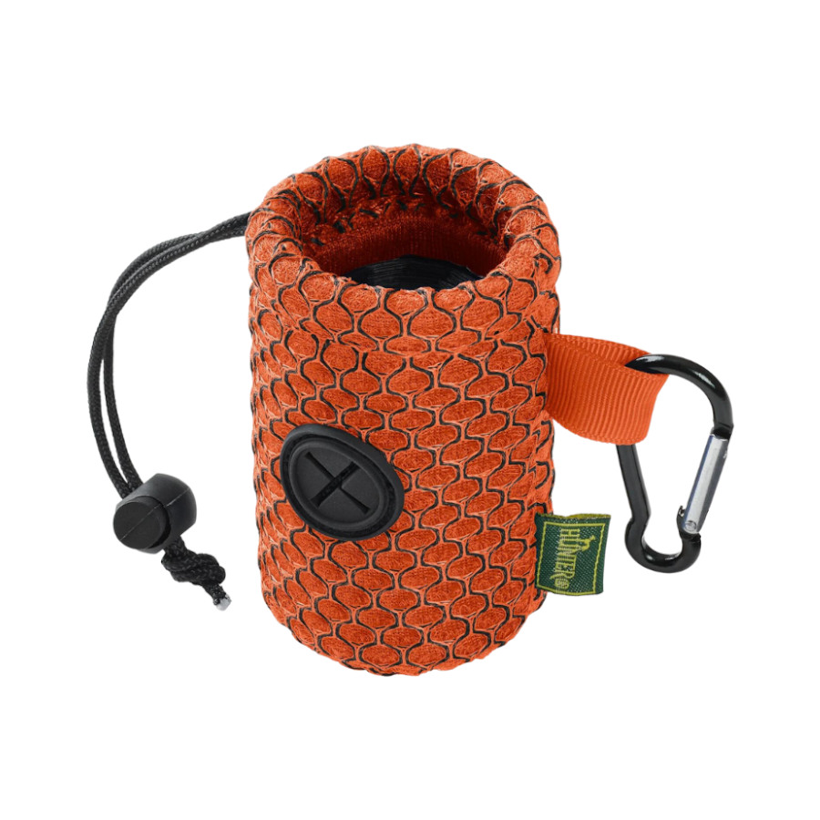 Porta-sacos para cães na cor laranja-caçador com mosquetão.