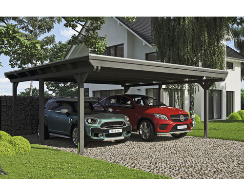 SKAN HOLZ Emsland dubbele carport inclusief paalankers, 613 x 604 cm, leisteen