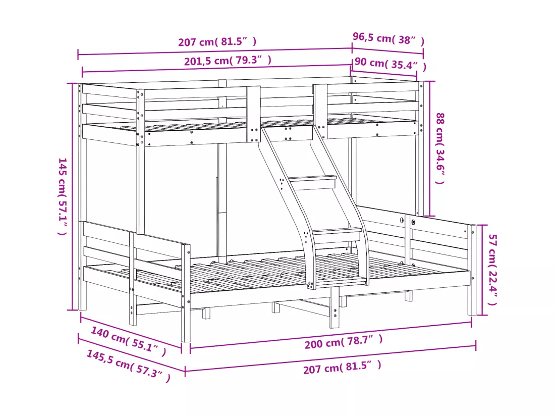 Lit superposé 90x200/140x200 cm blanc bois de pin massif