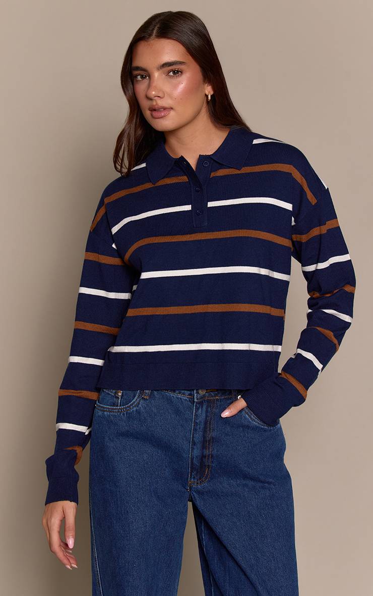 Bleu Marine Polo En Maille Rayée À Manches Longues Style Rugby