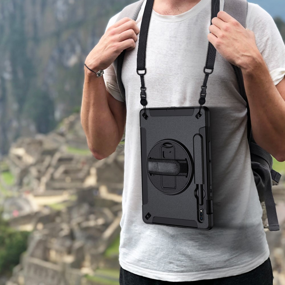 Samsung Galaxy Tab S7 FE 5G Hybrid Outdoor Case Hülle Handschlaufe   Schultergurt - Schwarz