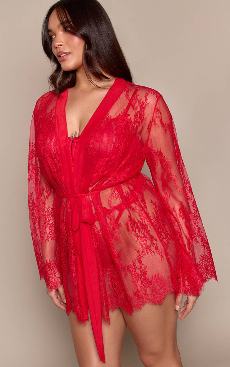 Rouge Robe De Chambre Longue Grande Taille En Dentelle À Manches Évasées Et Finitions Cils