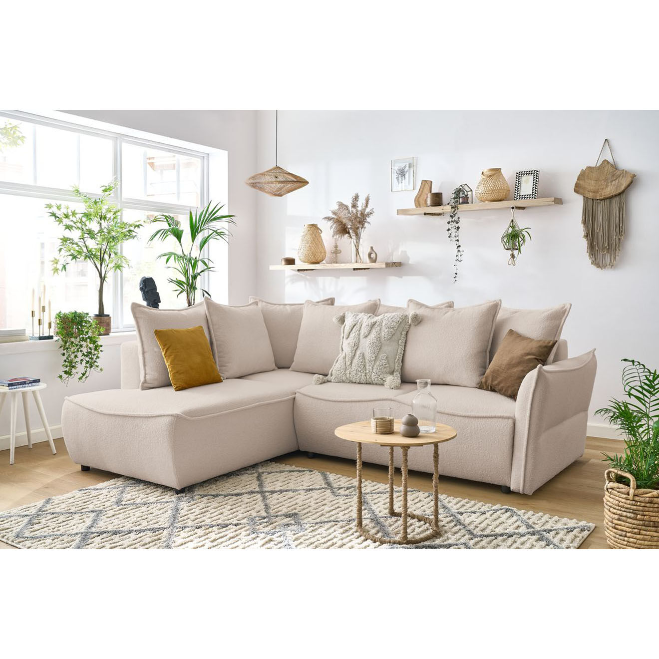 Bobochic Canapé d'angle L gauche convertible bouclette Léon beige - 257x90x194 cm